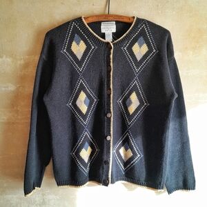 296a. dark blue vintage knit diamond argyle ramie cotton cardigan sweater, S